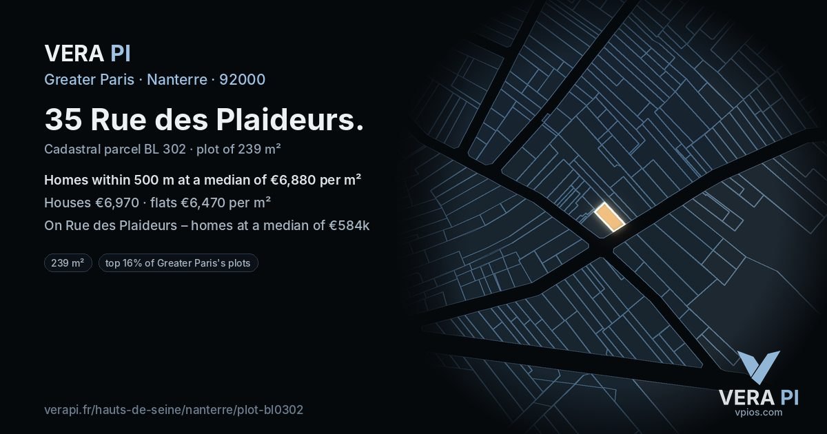 35 Rue des Plaideurs, Nanterre at night – the plot lit, the parcels around coloured by the prices near them