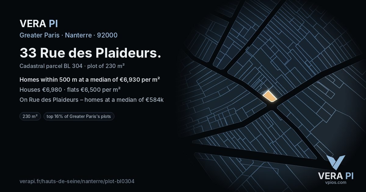33 Rue des Plaideurs, Nanterre at night – the plot lit, the parcels around coloured by the prices near them