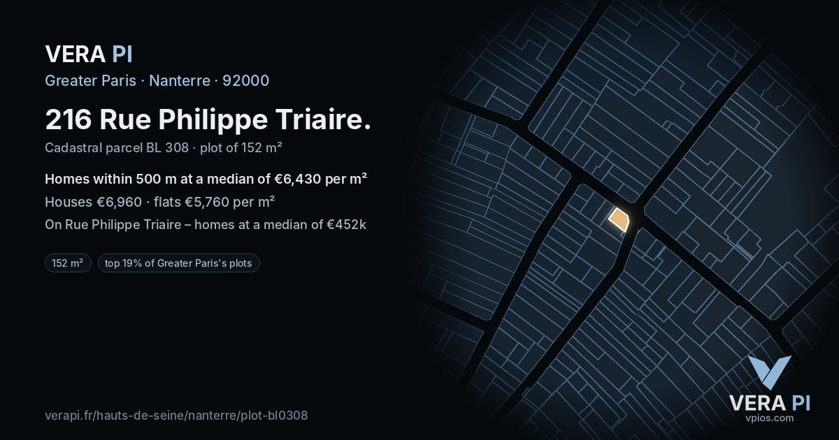 216 Rue Philippe Triaire, Nanterre at night – the plot lit, the parcels around coloured by the prices near them