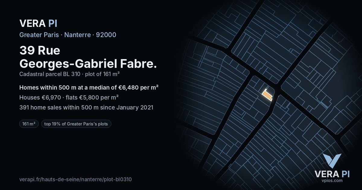39 Rue Georges-Gabriel Fabre, Nanterre at night – the plot lit, the parcels around coloured by the prices near them