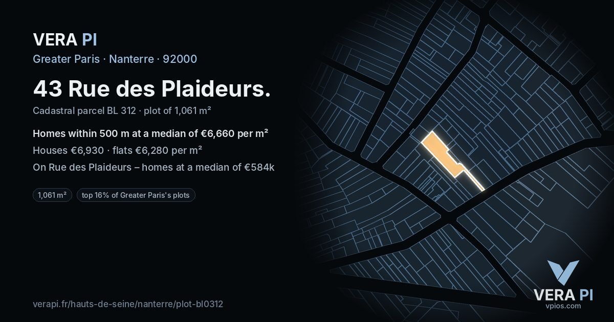 43 Rue des Plaideurs, Nanterre at night – the plot lit, the parcels around coloured by the prices near them