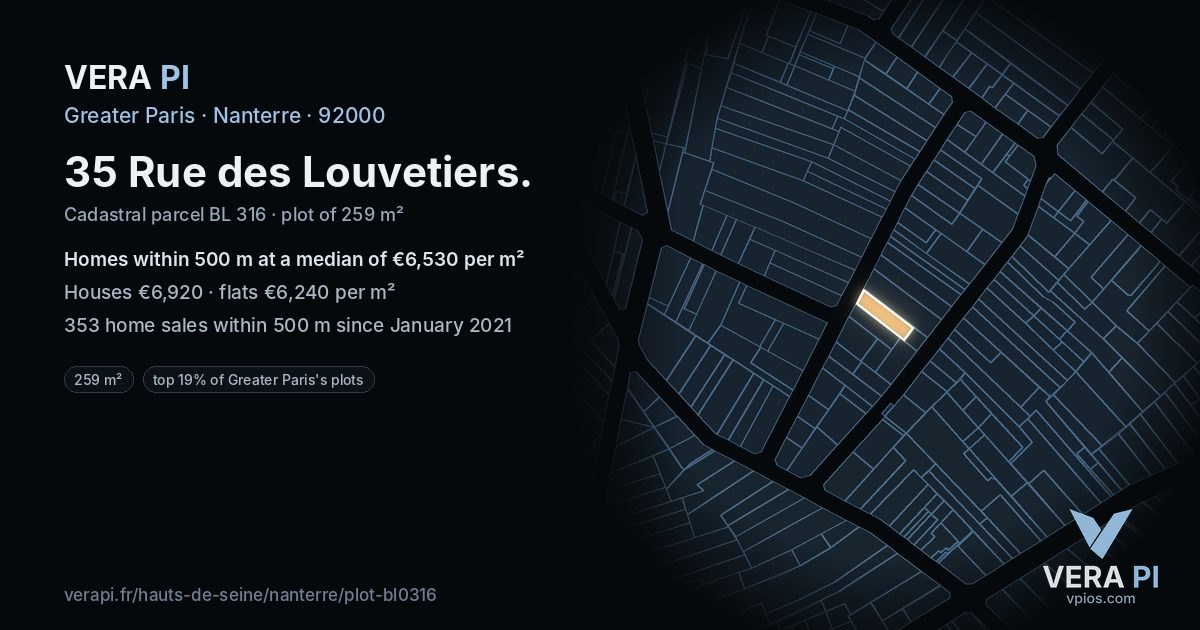 35 Rue des Louvetiers, Nanterre at night – the plot lit, the parcels around coloured by the prices near them