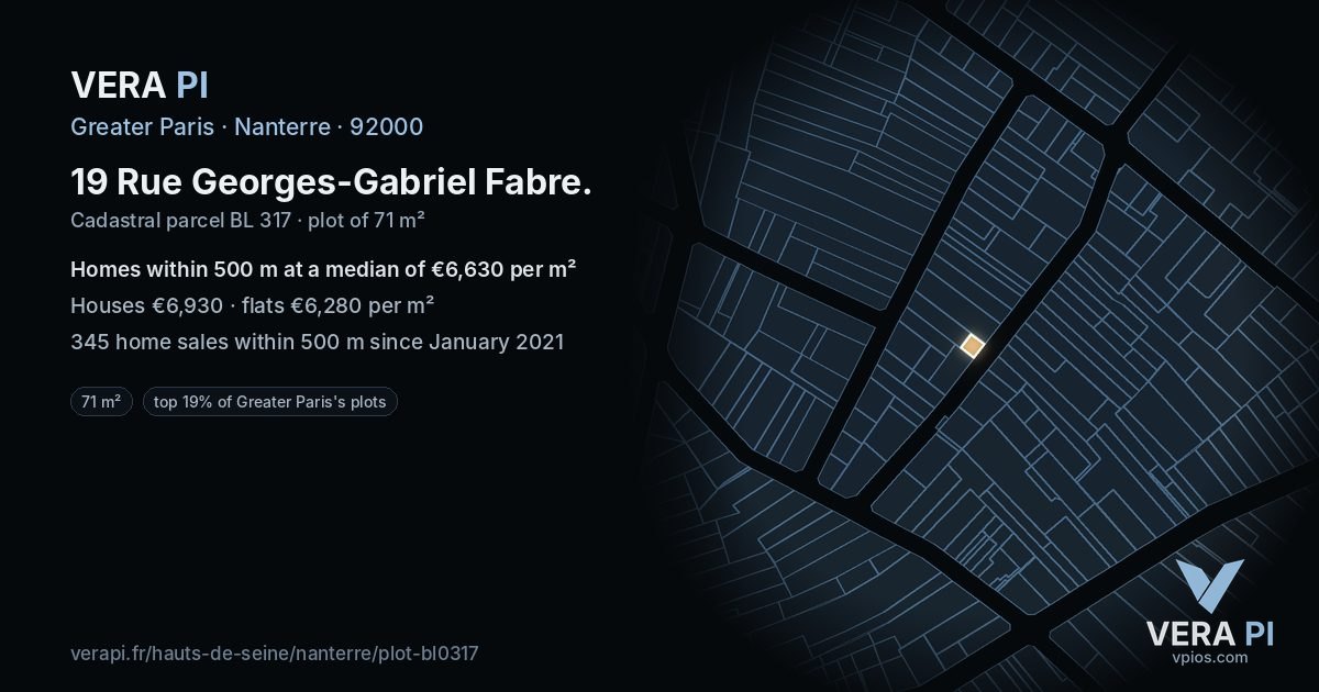 19 Rue Georges-Gabriel Fabre, Nanterre at night – the plot lit, the parcels around coloured by the prices near them