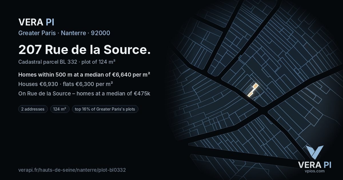 207 Rue de la Source, Nanterre at night – the plot lit, the parcels around coloured by the prices near them