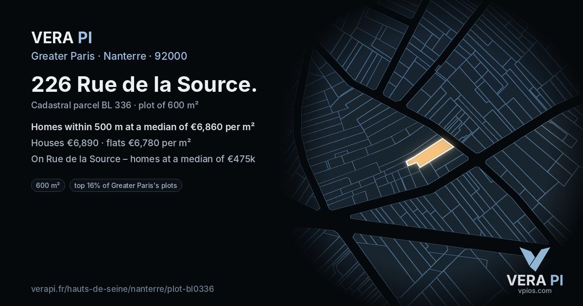 226 Rue de la Source, Nanterre at night – the plot lit, the parcels around coloured by the prices near them