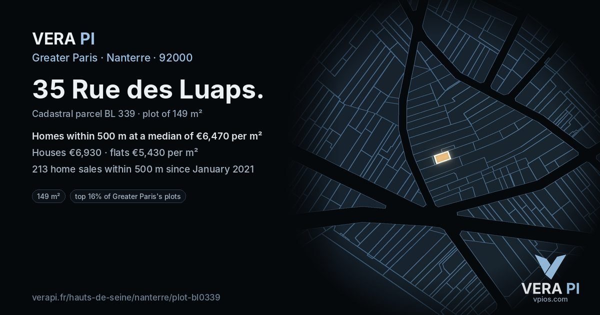 35 Rue des Luaps, Nanterre at night – the plot lit, the parcels around coloured by the prices near them