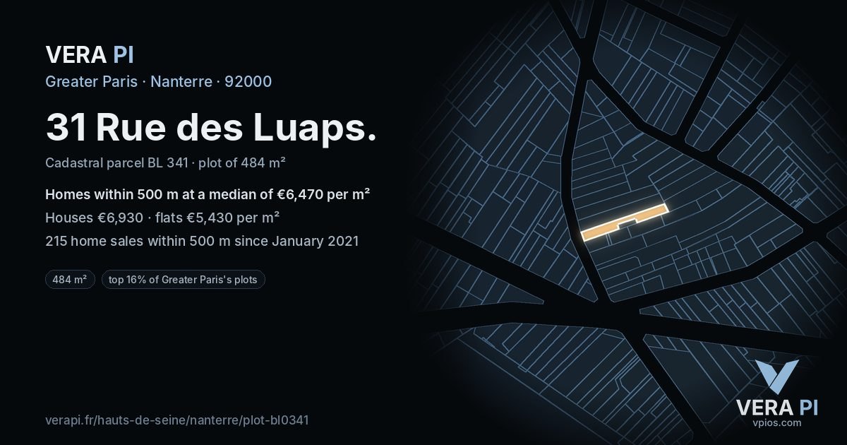 31 Rue des Luaps, Nanterre at night – the plot lit, the parcels around coloured by the prices near them