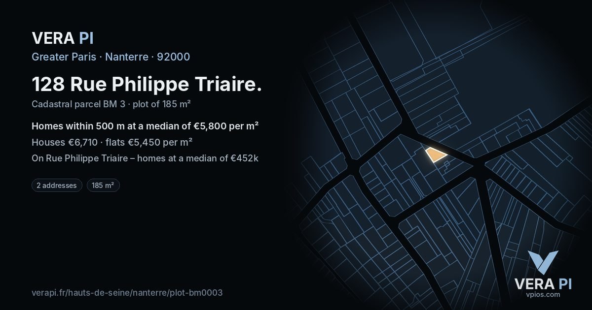 128 Rue Philippe Triaire, Nanterre at night – the plot lit, the parcels around coloured by the prices near them