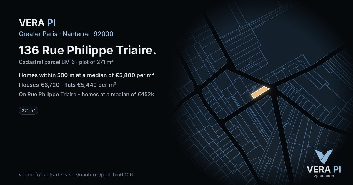 136 Rue Philippe Triaire, Nanterre at night – the plot lit, the parcels around coloured by the prices near them