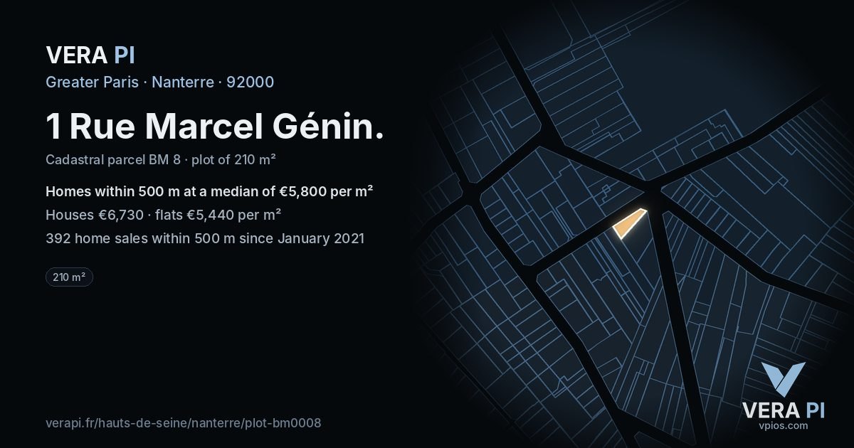 1 Rue Marcel Génin, Nanterre at night – the plot lit, the parcels around coloured by the prices near them