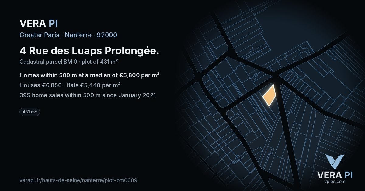 4 Rue des Luaps Prolongée, Nanterre at night – the plot lit, the parcels around coloured by the prices near them