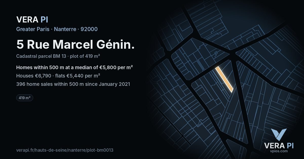 5 Rue Marcel Génin, Nanterre at night – the plot lit, the parcels around coloured by the prices near them