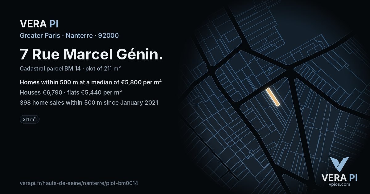 7 Rue Marcel Génin, Nanterre at night – the plot lit, the parcels around coloured by the prices near them