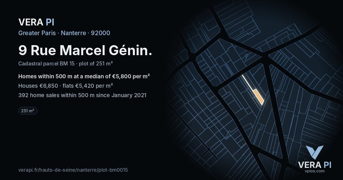 9 Rue Marcel Génin, Nanterre at night – the plot lit, the parcels around coloured by the prices near them