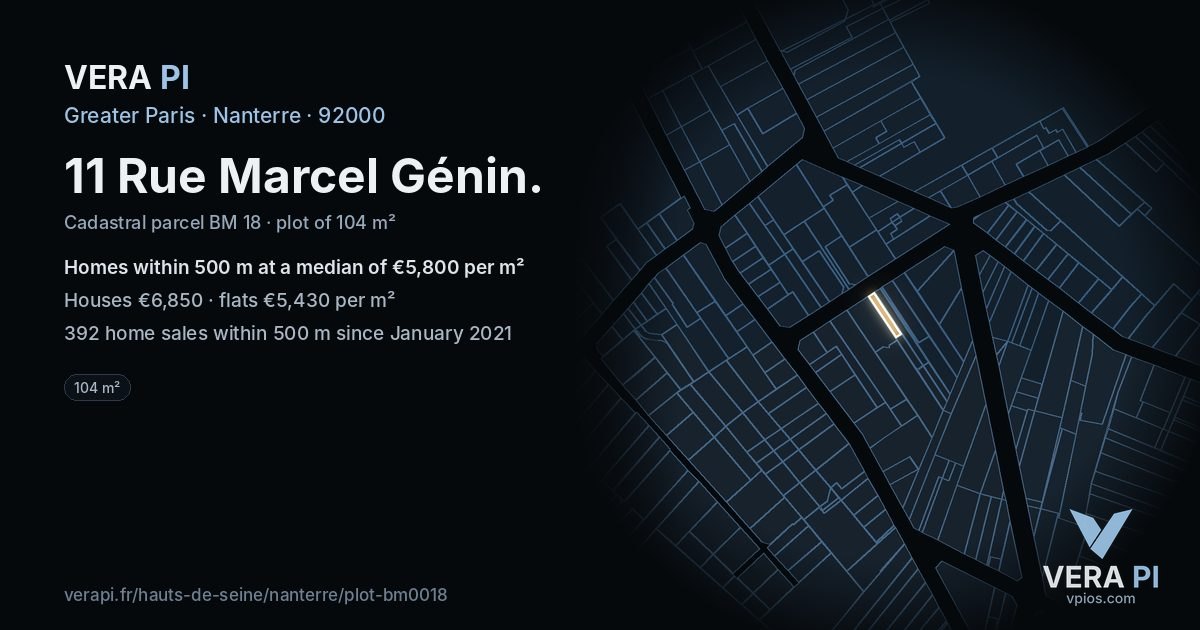 11 Rue Marcel Génin, Nanterre at night – the plot lit, the parcels around coloured by the prices near them