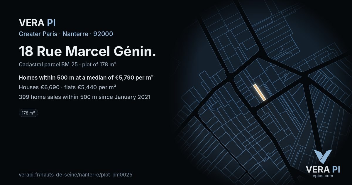 18 Rue Marcel Génin, Nanterre at night – the plot lit, the parcels around coloured by the prices near them