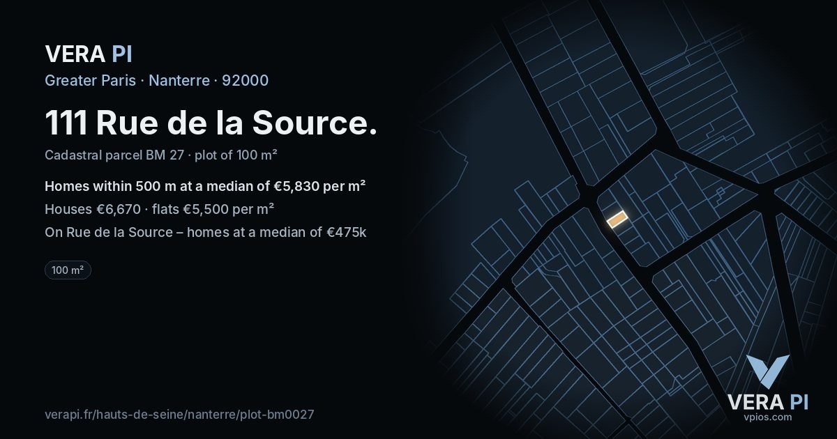 111 Rue de la Source, Nanterre at night – the plot lit, the parcels around coloured by the prices near them