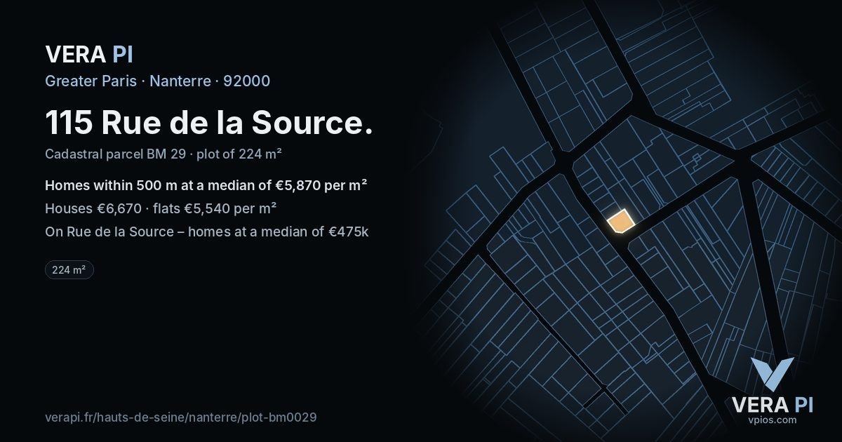 115 Rue de la Source, Nanterre at night – the plot lit, the parcels around coloured by the prices near them