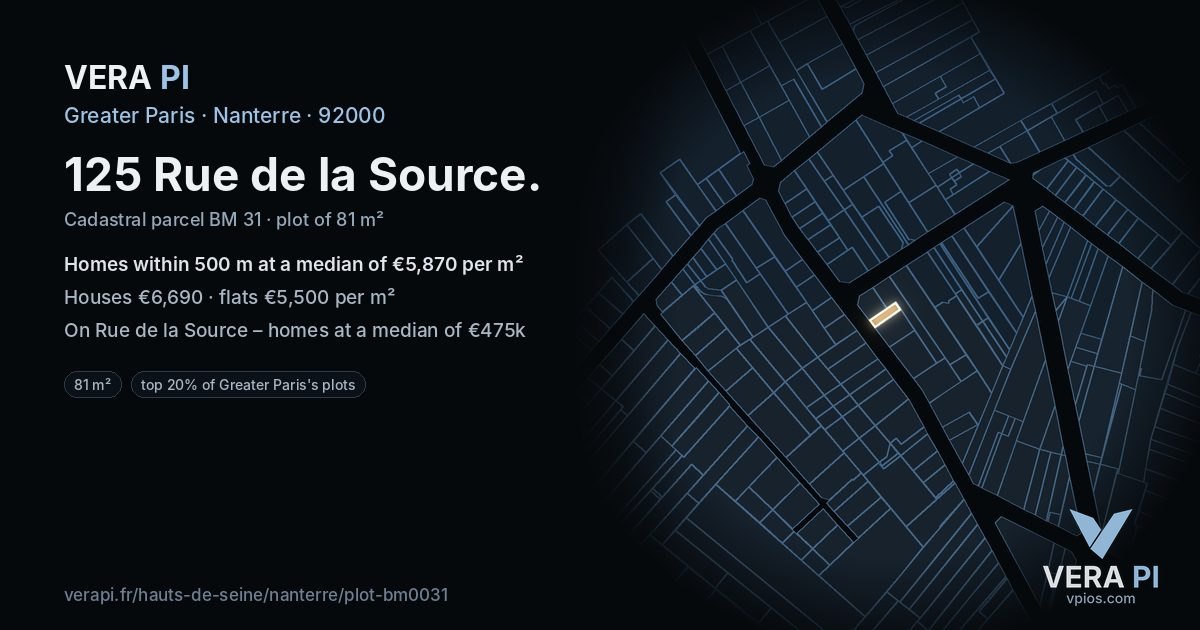 125 Rue de la Source, Nanterre at night – the plot lit, the parcels around coloured by the prices near them