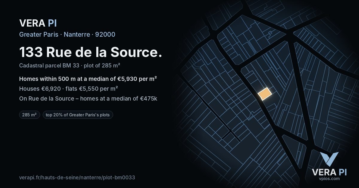 133 Rue de la Source, Nanterre at night – the plot lit, the parcels around coloured by the prices near them