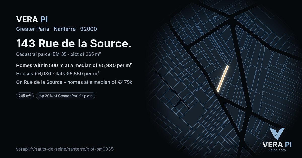 143 Rue de la Source, Nanterre at night – the plot lit, the parcels around coloured by the prices near them