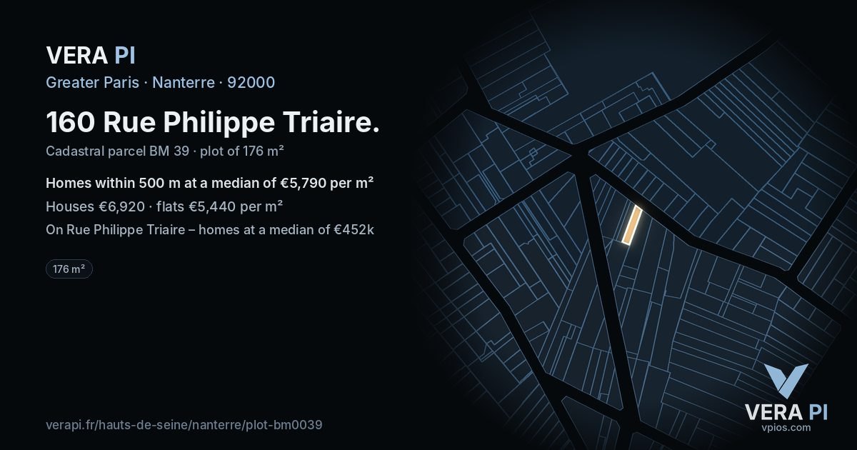 160 Rue Philippe Triaire, Nanterre at night – the plot lit, the parcels around coloured by the prices near them