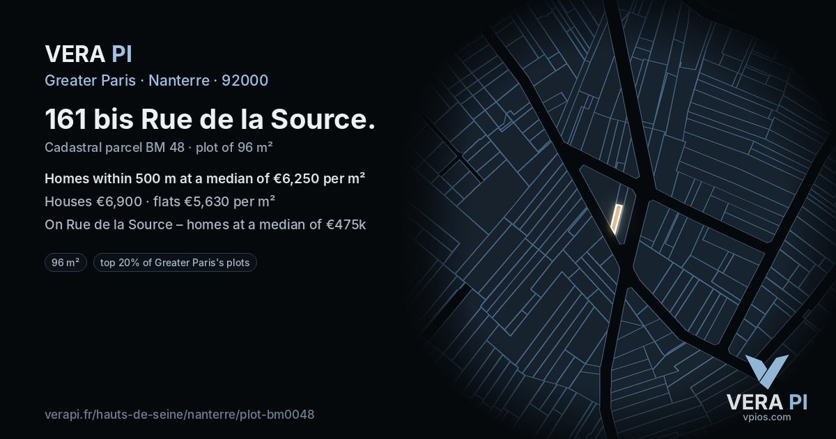 161 bis Rue de la Source, Nanterre at night – the plot lit, the parcels around coloured by the prices near them