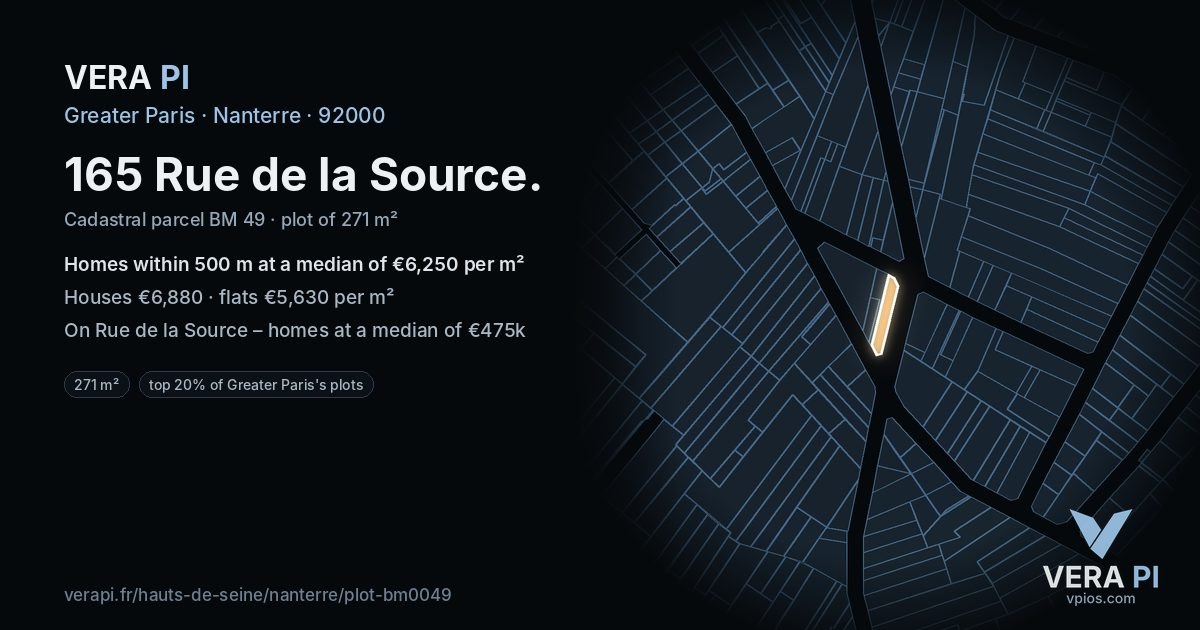 165 Rue de la Source, Nanterre at night – the plot lit, the parcels around coloured by the prices near them