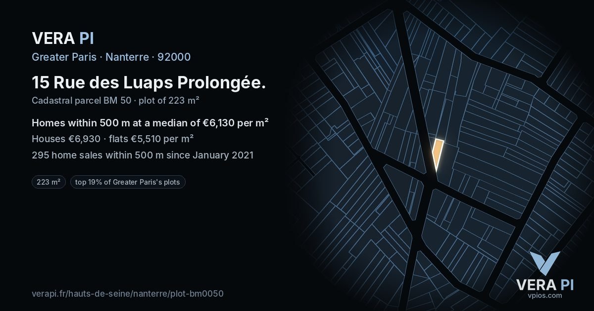 15 Rue des Luaps Prolongée, Nanterre at night – the plot lit, the parcels around coloured by the prices near them