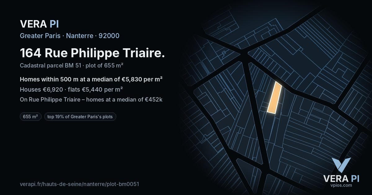 164 Rue Philippe Triaire, Nanterre at night – the plot lit, the parcels around coloured by the prices near them