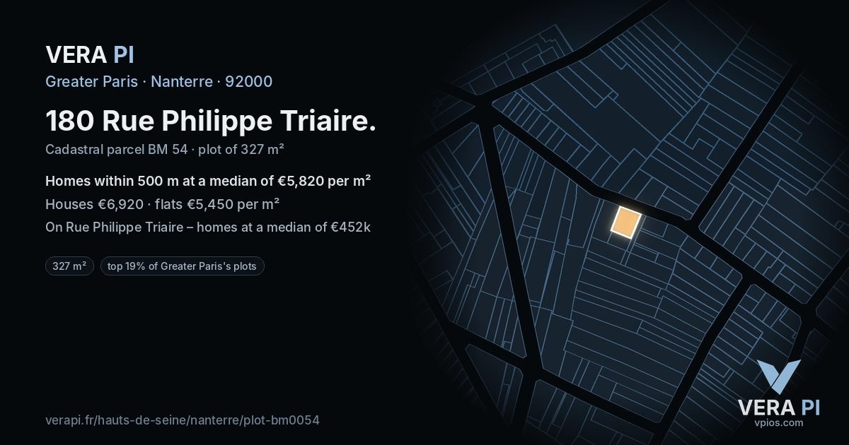 180 Rue Philippe Triaire, Nanterre at night – the plot lit, the parcels around coloured by the prices near them
