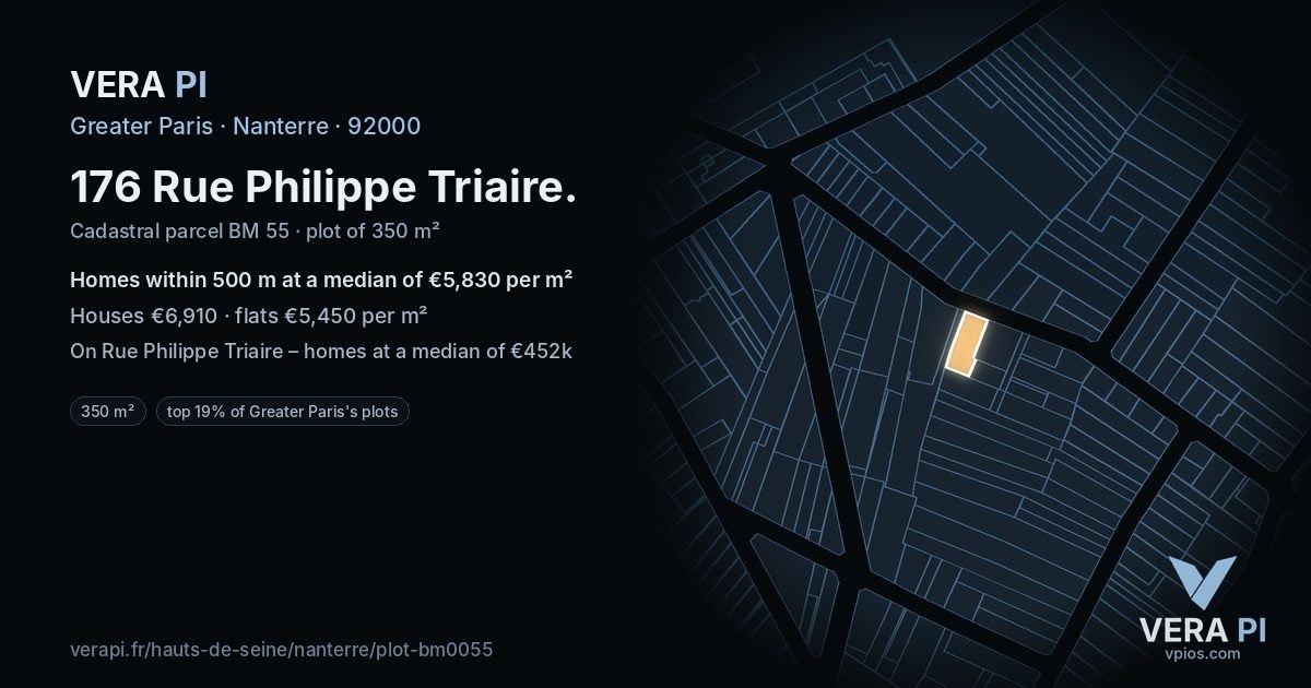 176 Rue Philippe Triaire, Nanterre at night – the plot lit, the parcels around coloured by the prices near them