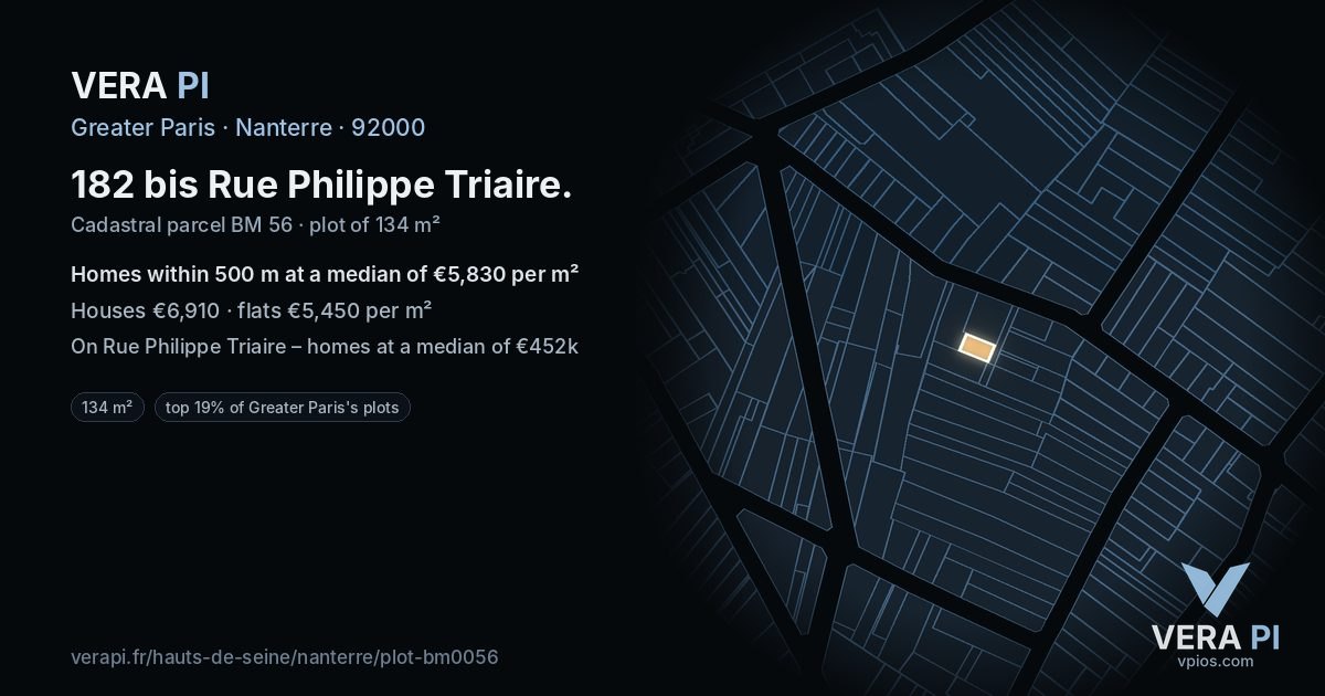 182 bis Rue Philippe Triaire, Nanterre at night – the plot lit, the parcels around coloured by the prices near them