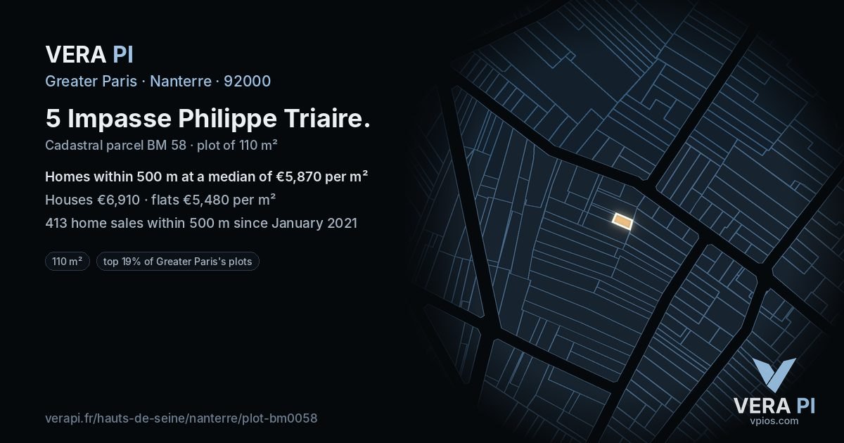 5 Impasse Philippe Triaire, Nanterre at night – the plot lit, the parcels around coloured by the prices near them