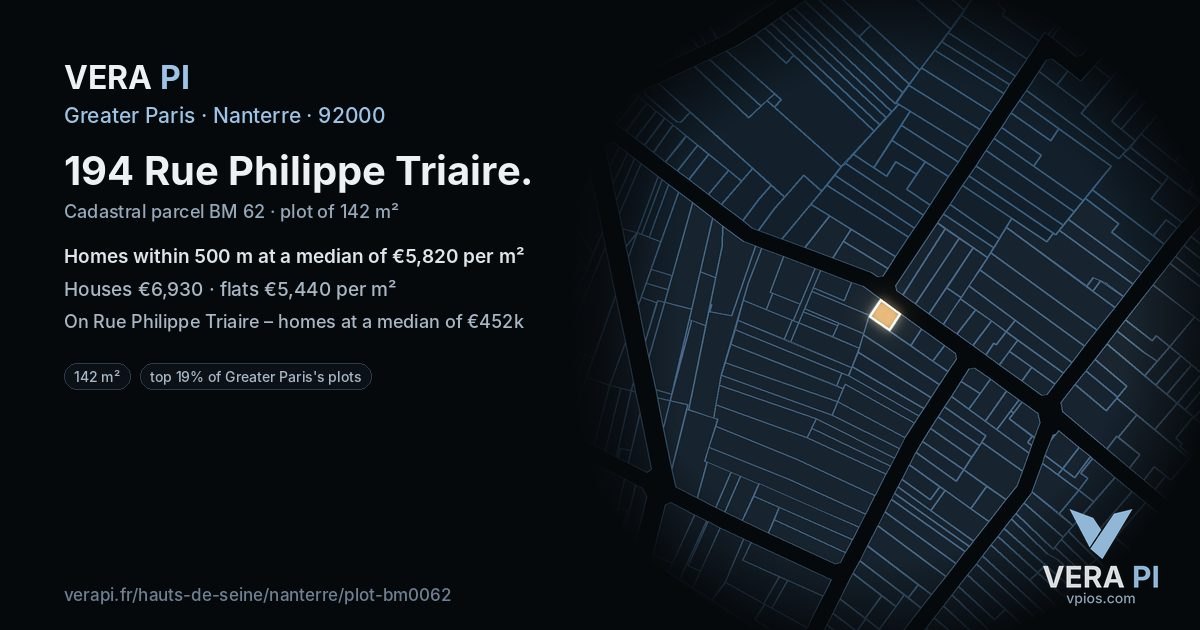 194 Rue Philippe Triaire, Nanterre at night – the plot lit, the parcels around coloured by the prices near them