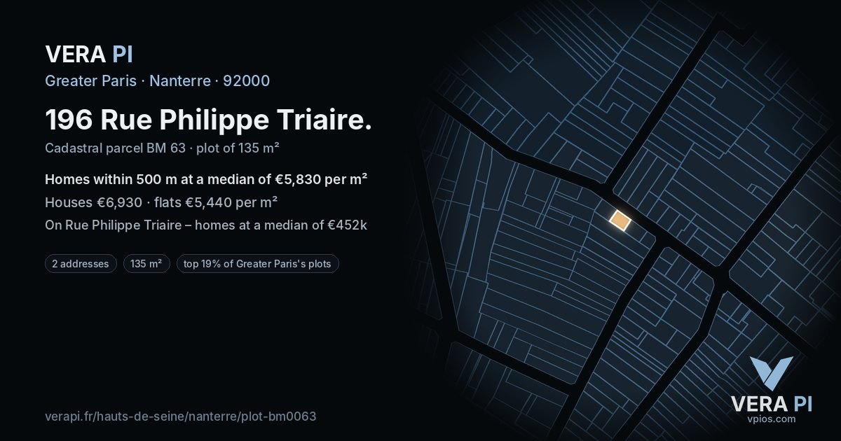 196 Rue Philippe Triaire, Nanterre at night – the plot lit, the parcels around coloured by the prices near them