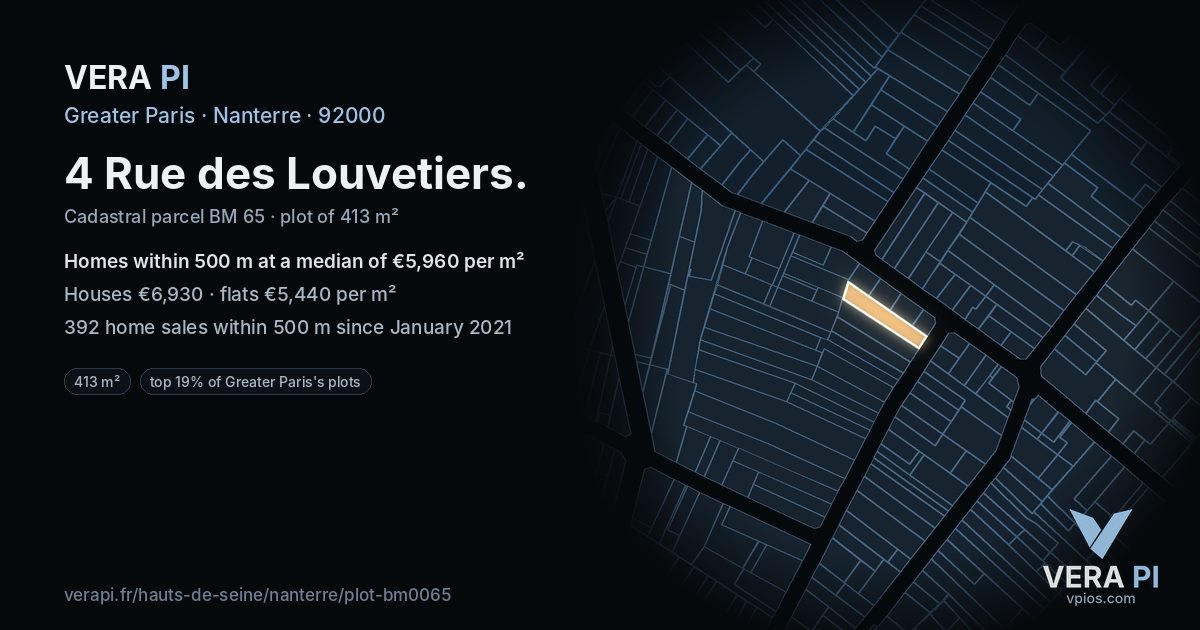 4 Rue des Louvetiers, Nanterre at night – the plot lit, the parcels around coloured by the prices near them
