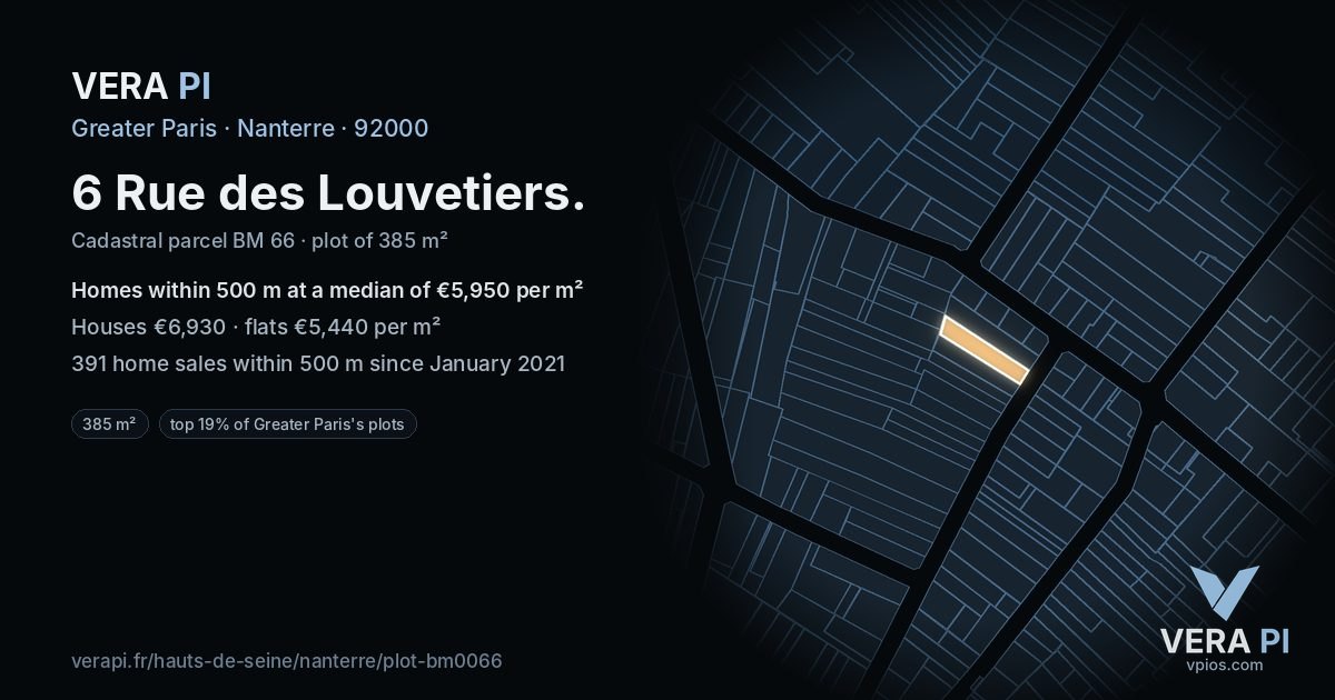 6 Rue des Louvetiers, Nanterre at night – the plot lit, the parcels around coloured by the prices near them
