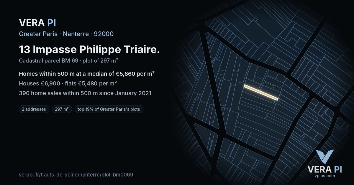 13 Impasse Philippe Triaire, Nanterre at night – the plot lit, the parcels around coloured by the prices near them
