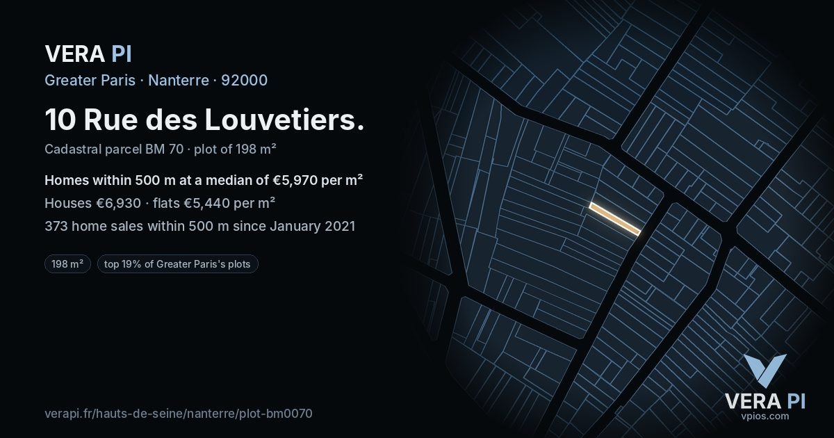 10 Rue des Louvetiers, Nanterre at night – the plot lit, the parcels around coloured by the prices near them