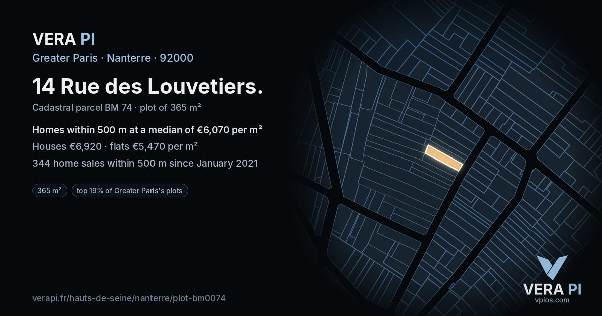 14 Rue des Louvetiers, Nanterre at night – the plot lit, the parcels around coloured by the prices near them