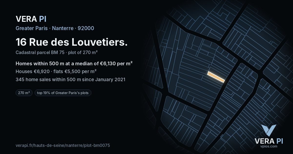 16 Rue des Louvetiers, Nanterre at night – the plot lit, the parcels around coloured by the prices near them