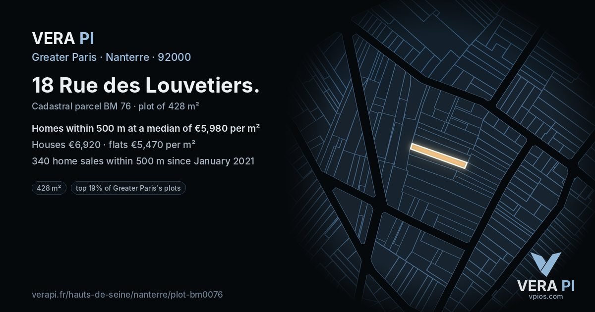 18 Rue des Louvetiers, Nanterre at night – the plot lit, the parcels around coloured by the prices near them