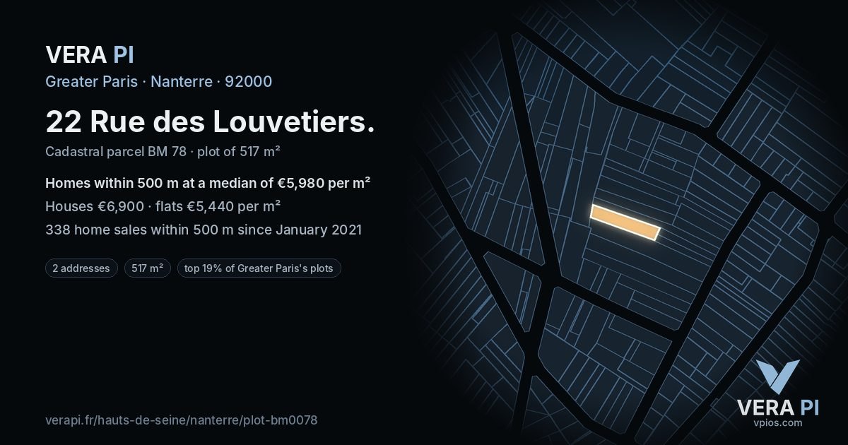 22 Rue des Louvetiers, Nanterre at night – the plot lit, the parcels around coloured by the prices near them