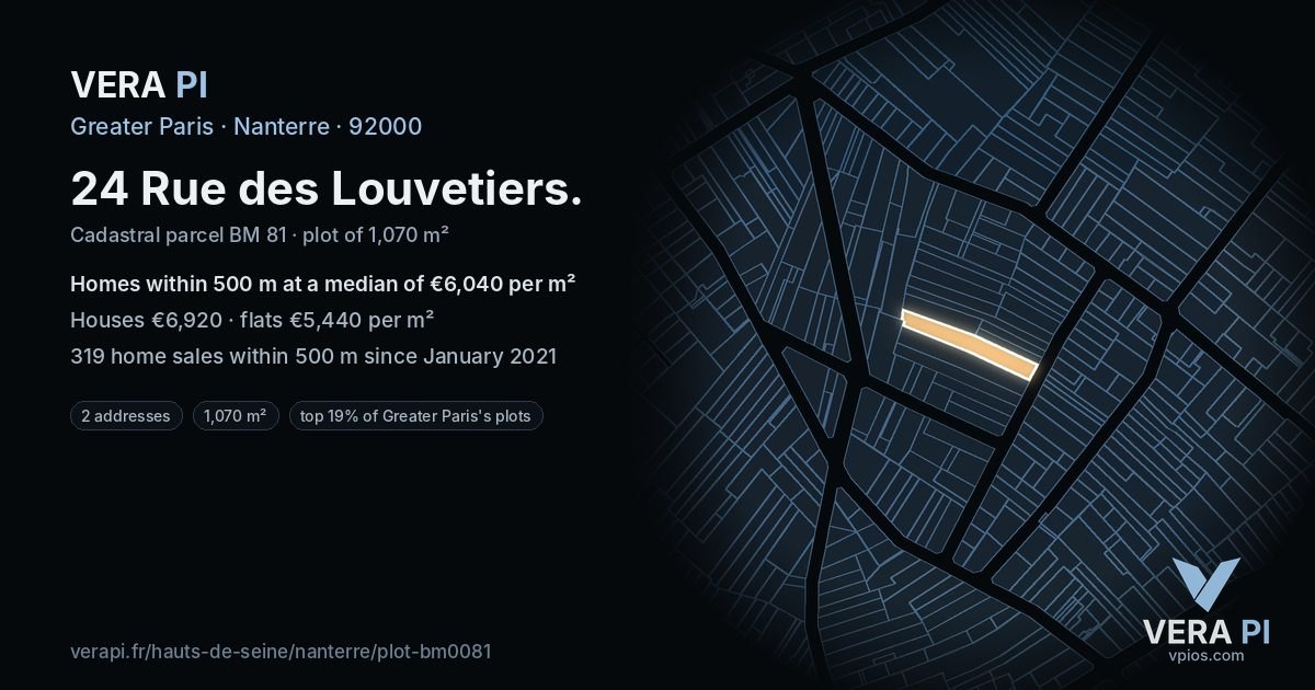 24 Rue des Louvetiers, Nanterre at night – the plot lit, the parcels around coloured by the prices near them