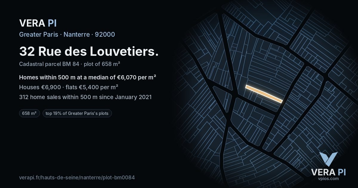 32 Rue des Louvetiers, Nanterre at night – the plot lit, the parcels around coloured by the prices near them