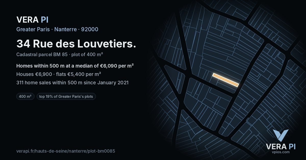 34 Rue des Louvetiers, Nanterre at night – the plot lit, the parcels around coloured by the prices near them