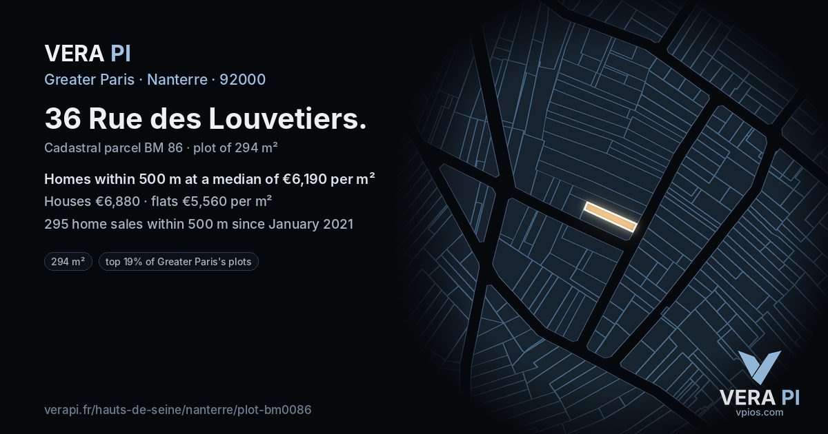 36 Rue des Louvetiers, Nanterre at night – the plot lit, the parcels around coloured by the prices near them