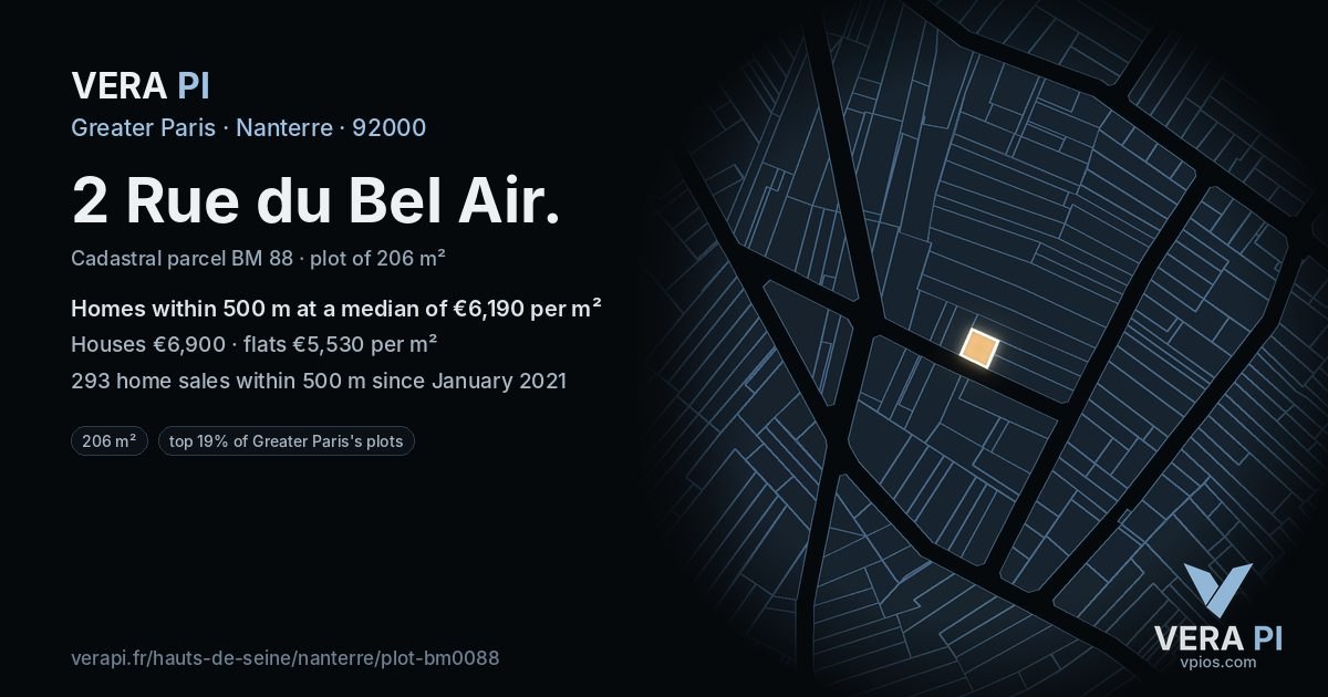 2 Rue du Bel Air, Nanterre at night – the plot lit, the parcels around coloured by the prices near them