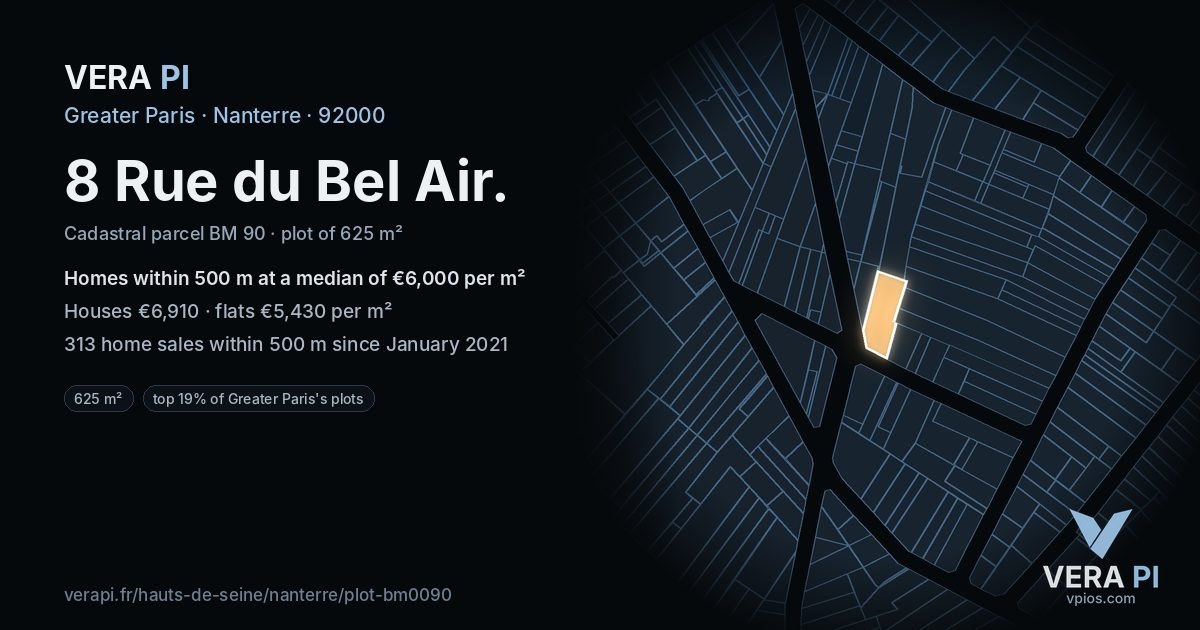 8 Rue du Bel Air, Nanterre at night – the plot lit, the parcels around coloured by the prices near them